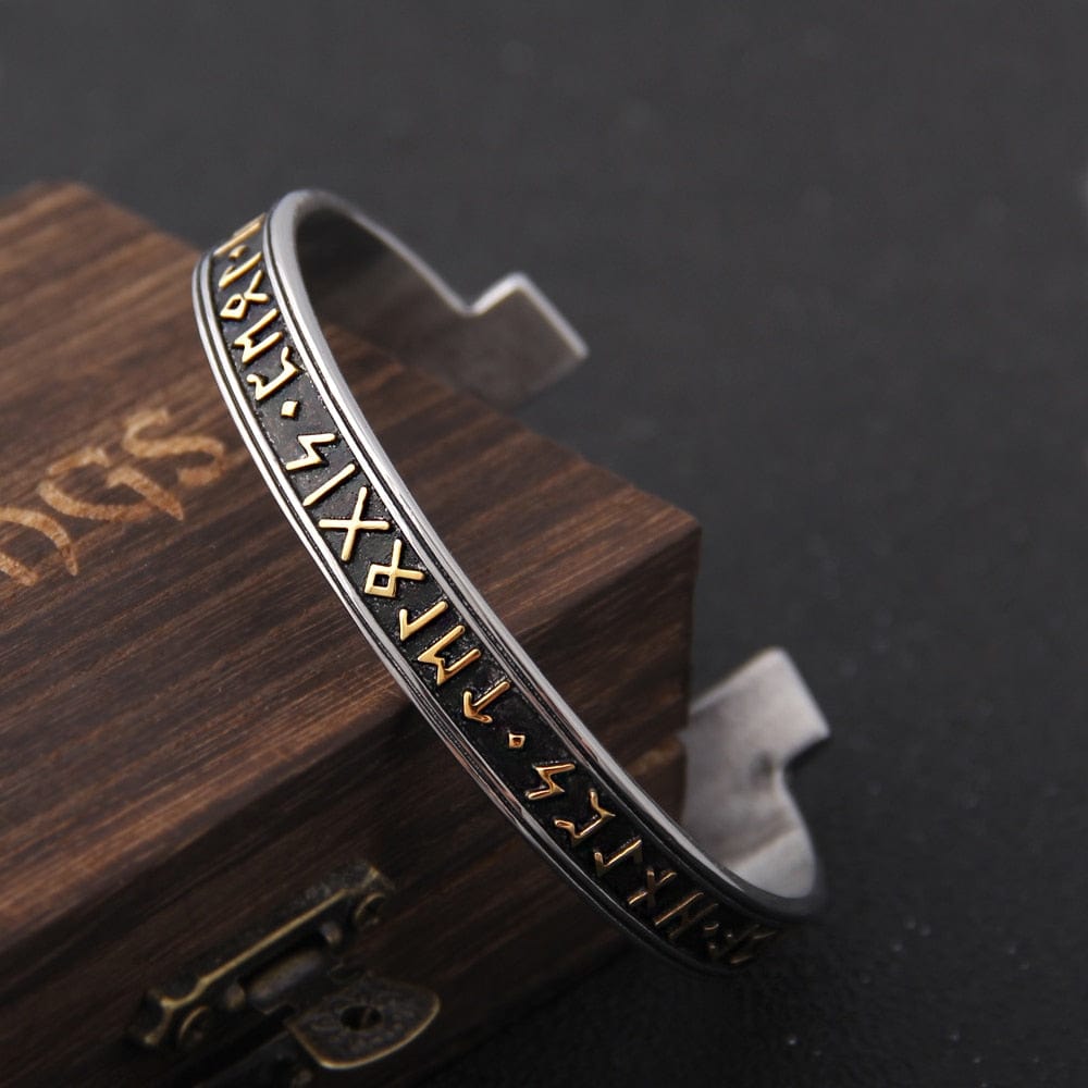 Steel Stamped Futhark Rune Bangle Bracelet