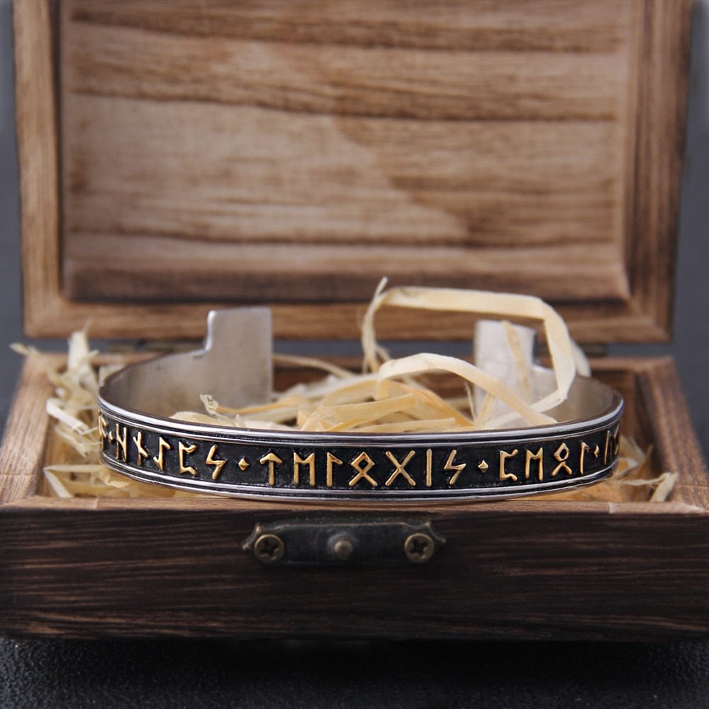 Steel Stamped Futhark Rune Bangle Bracelet with Box