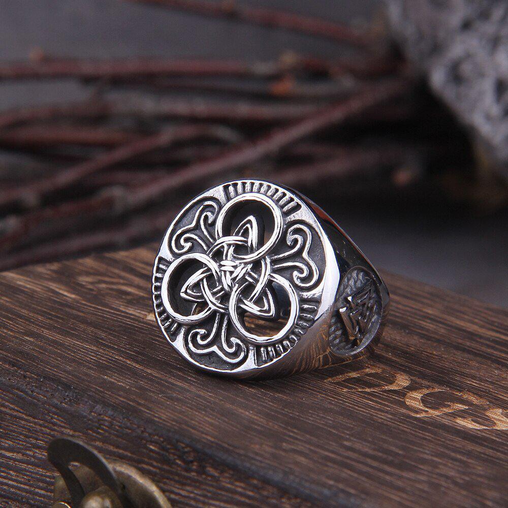 Steel and Gold Viking Knotwork Triskelion Ring