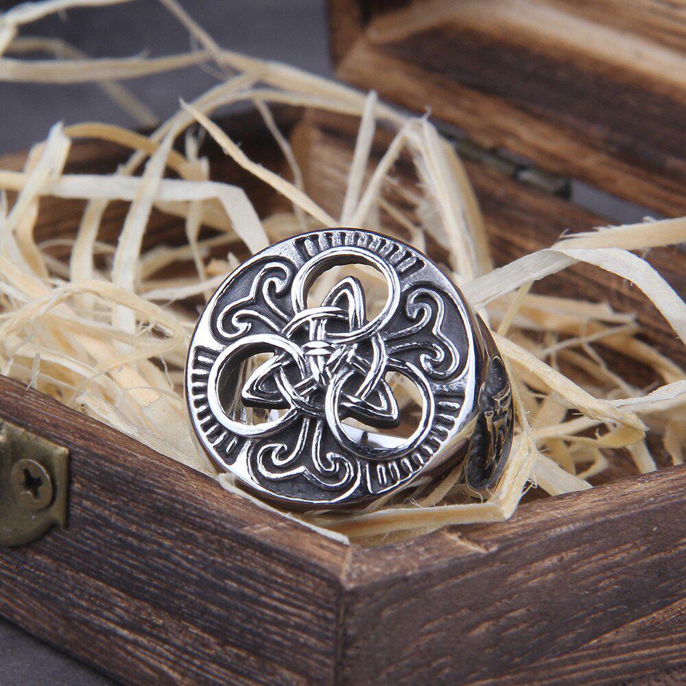 Steel and Gold Viking Knotwork Triskelion Ring