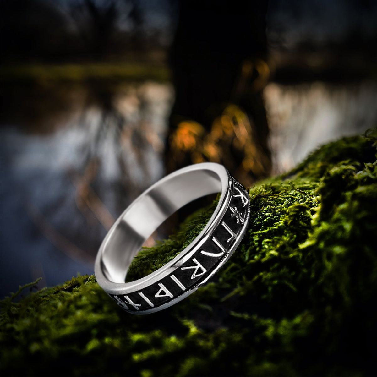 Steel Viking Ring with Elder Futhark Runes