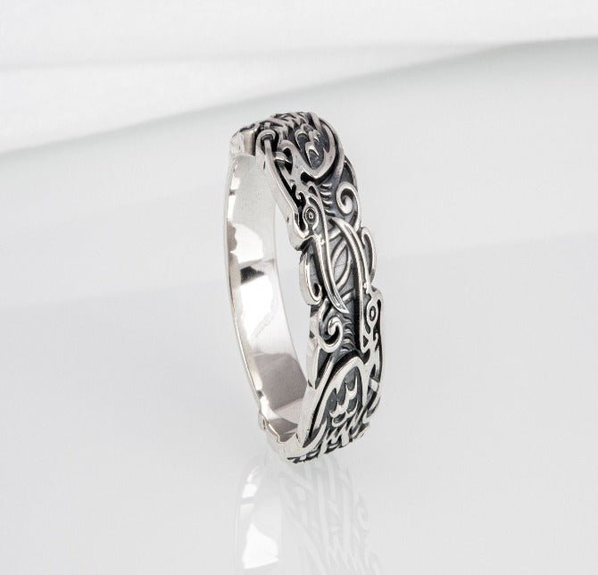 Sterling silver Viking ring with Ravens and unique ornament, handcrafted ancient style jewelry-2