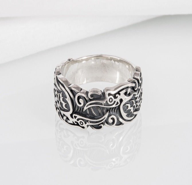 Sterling silver Viking ring with Ravens and unique ornament, handcrafted ancient style jewelry-3
