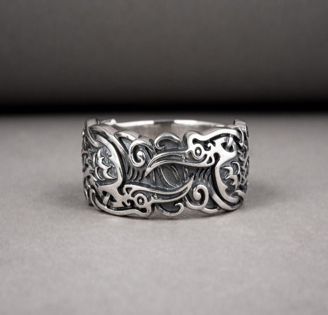 Sterling silver Viking ring with Ravens and unique ornament, handcrafted ancient style jewelry-4