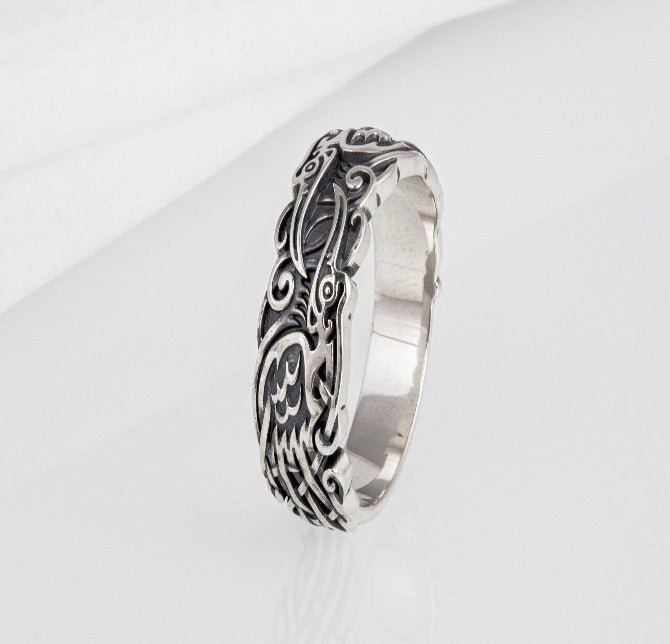 Sterling silver Viking ring with Ravens and unique ornament, handcrafted ancient style jewelry-5