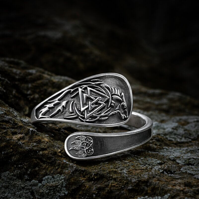 Sterling Silver Viking Wolf Valknut Ring with adjustable wrap design featuring wolf heads and Odin's knot symbol