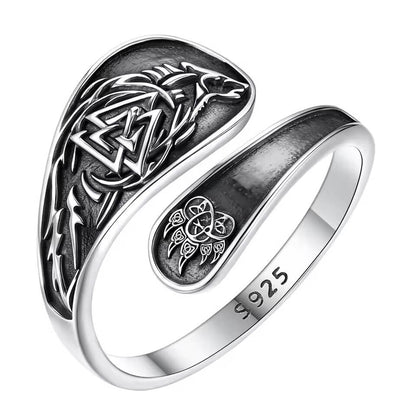 Sterling Silver Viking Wolf Valknut Ring