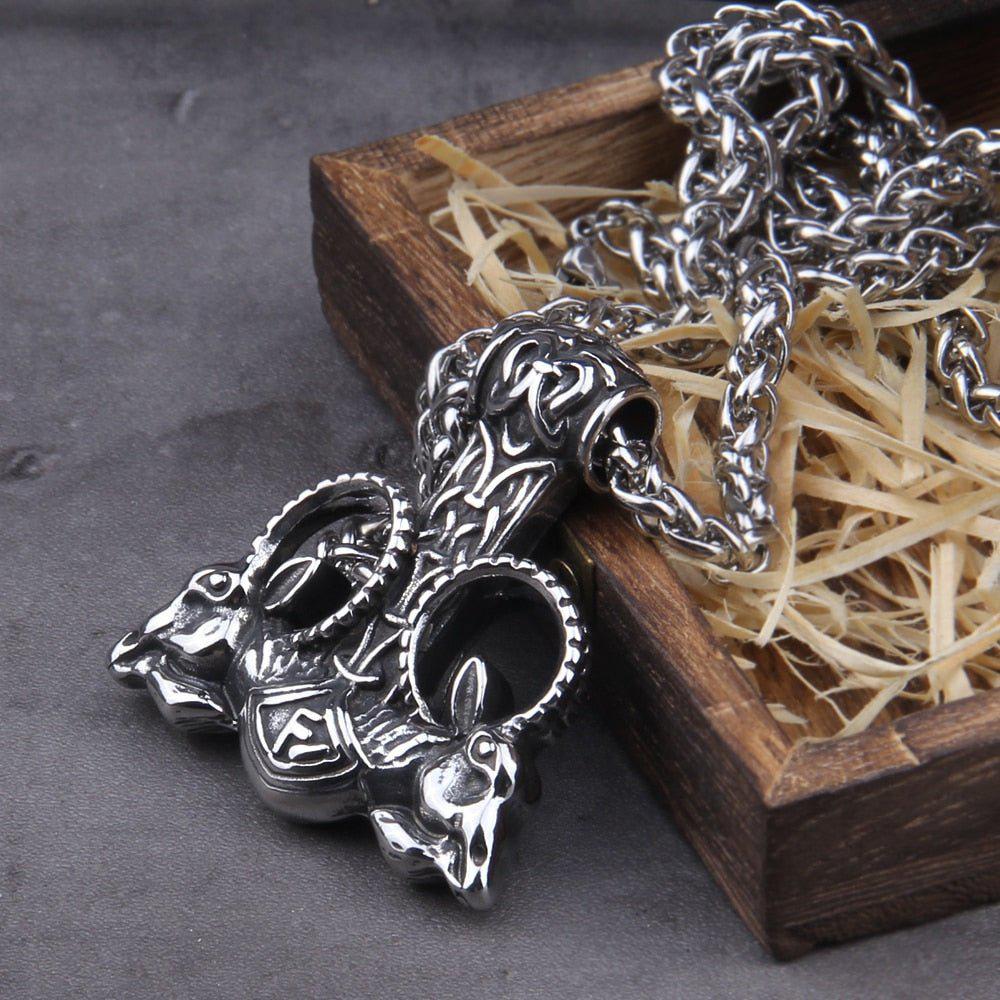 Thor Hammer With Goat Runes Necklace-2
