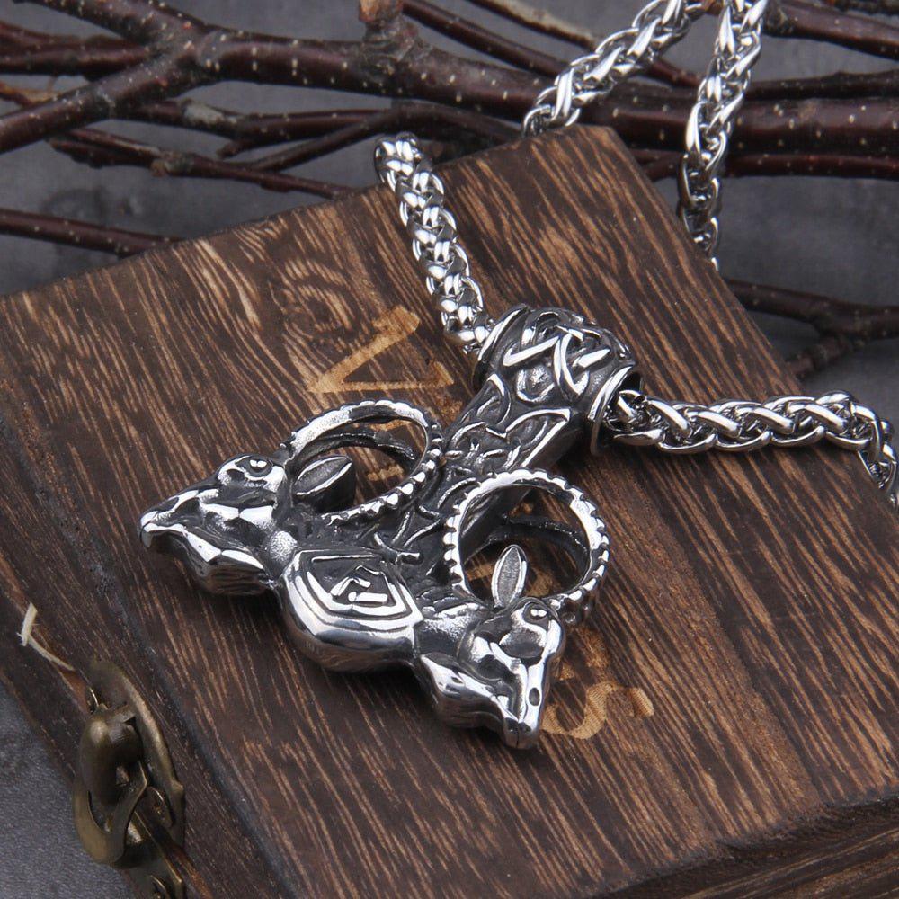 Thor Hammer With Goat Runes Necklace-5