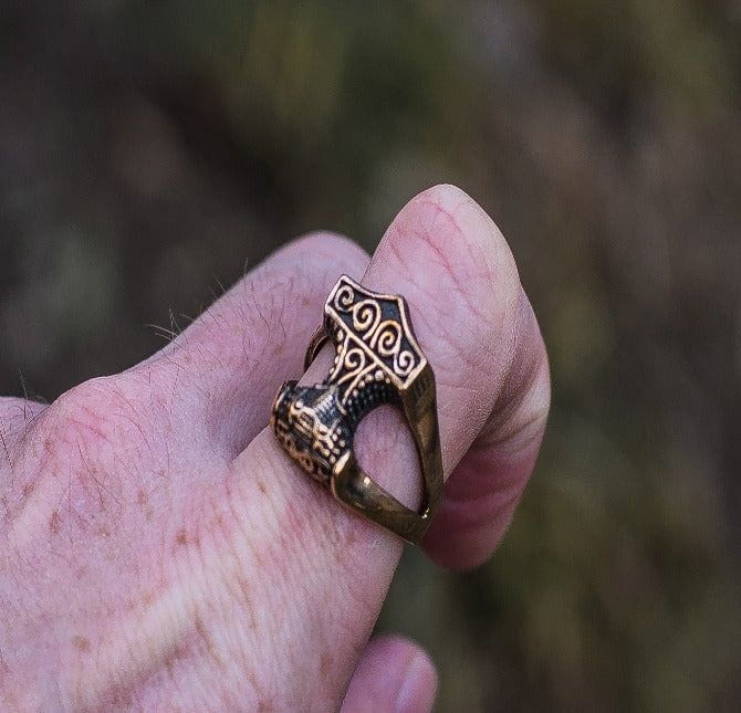 Thor&#39;s Hammer Bronze Viking Ring-3