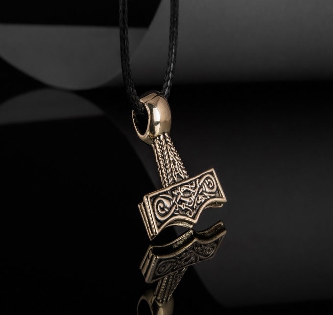 Thor&#39;s Hammer Pendant Bronze Mjolnir with Beautiful Ornament-4