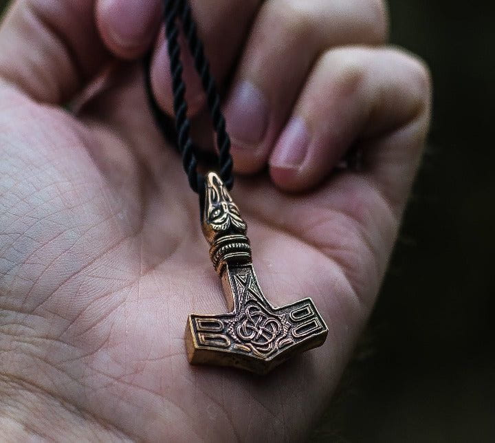 Thor's Hammer Pendant Bronze Mjolnir with Raven-2
