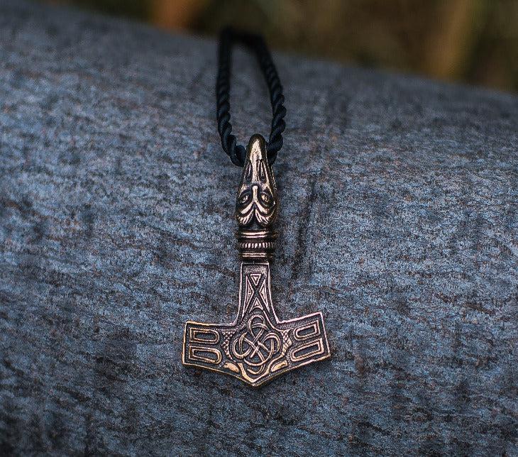 Thor&#39;s Hammer Pendant Bronze Mjolnir with Raven-3