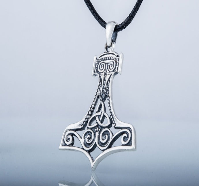 Thor&#39;s Hammer Pendant Sterling Silver Mjolnir With Ornament-3