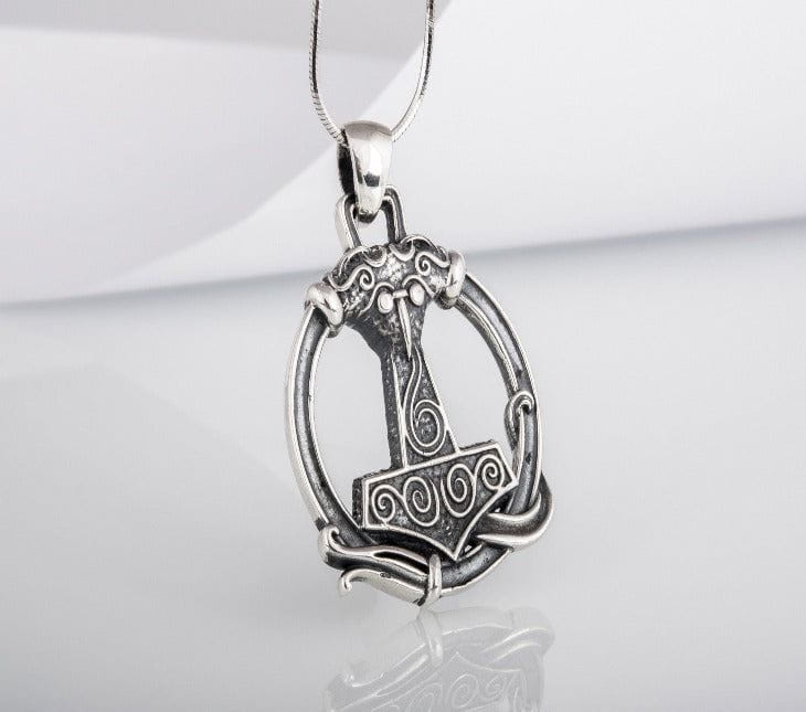 Thors Hammer Pendant with Ornament Sterling Silver Unique Handmade Jewelry-1