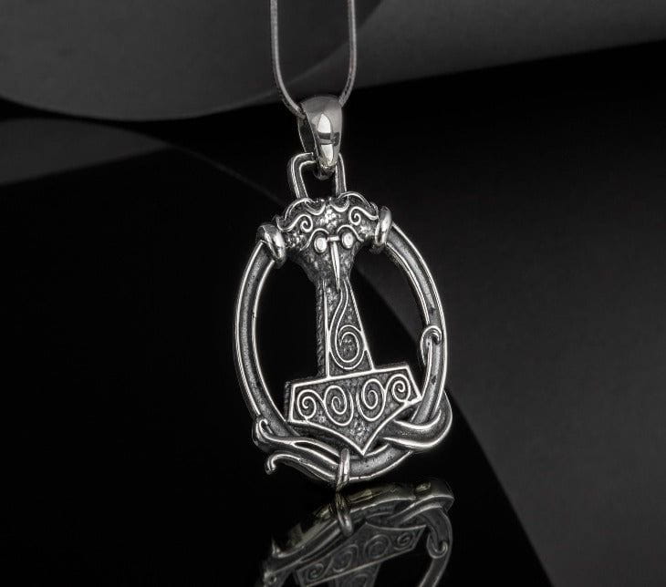 Thors Hammer Pendant with Ornament Sterling Silver Unique Handmade Jewelry-3