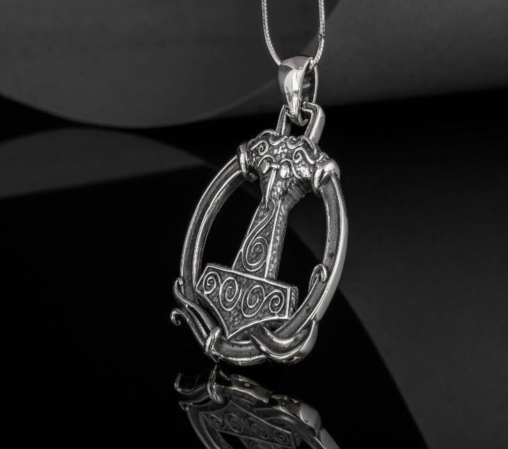 Thors Hammer Pendant with Ornament Sterling Silver Unique Handmade Jewelry-4