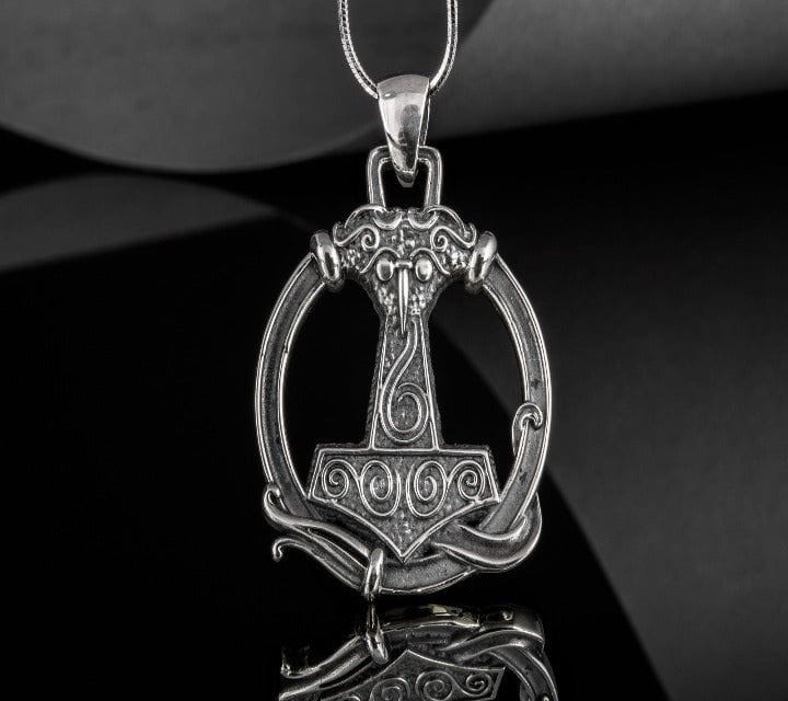 Thors Hammer Pendant with Ornament Sterling Silver Unique Handmade Jewelry-5