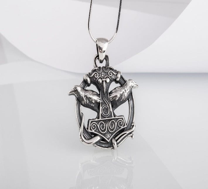Thors Hammer with Ravens Pendant Sterling Silver Handcrafted Jewelry-1