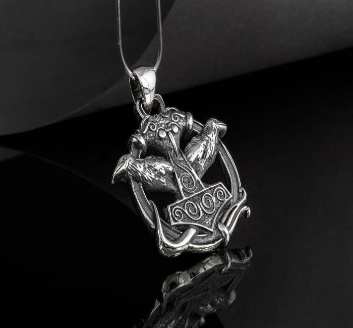 Thors Hammer with Ravens Pendant Sterling Silver Handcrafted Jewelry-2