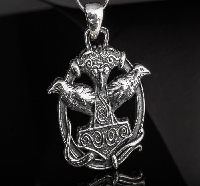 Thors Hammer with Ravens Pendant Sterling Silver Handcrafted Jewelry-3