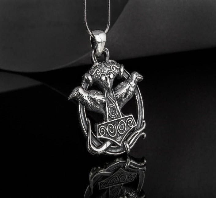Thors Hammer with Ravens Pendant Sterling Silver Handcrafted Jewelry-4