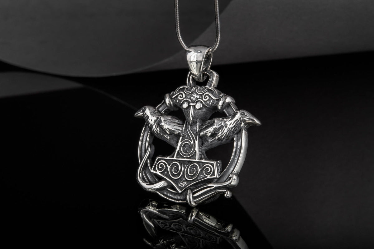 Thors Hammer with Ravens Pendant Sterling Silver Handcrafted Jewelry-5
