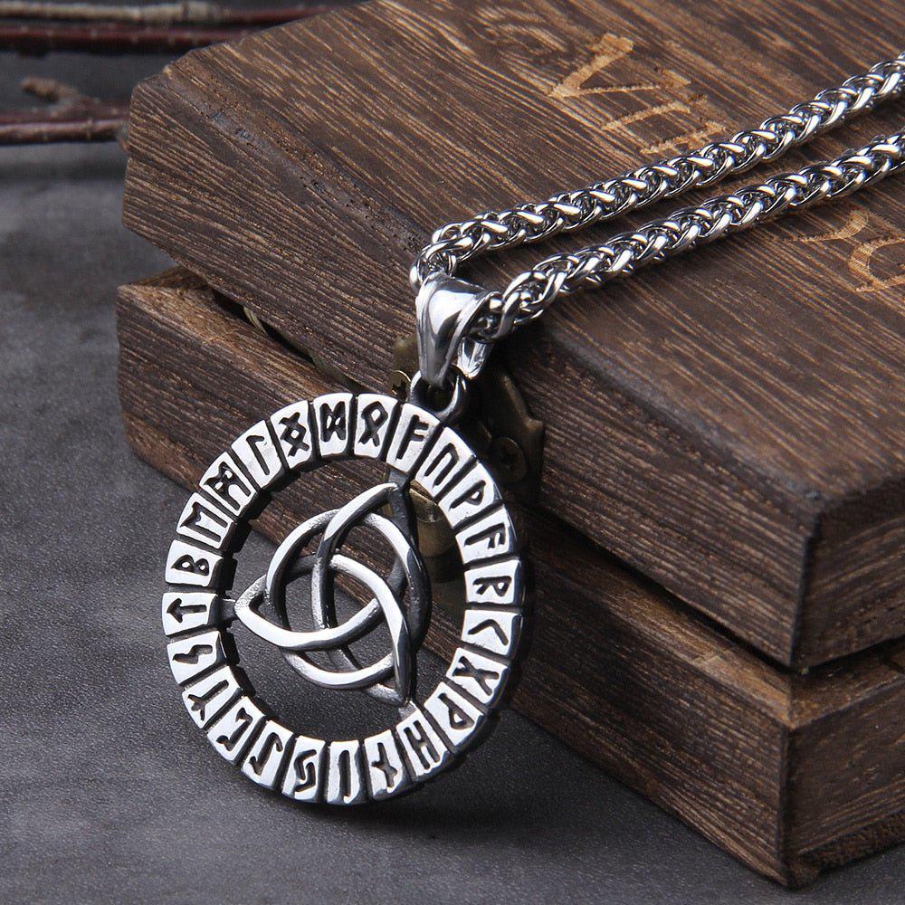 Triquetra Futhark Rune Spirit Wheel Medallion Necklace