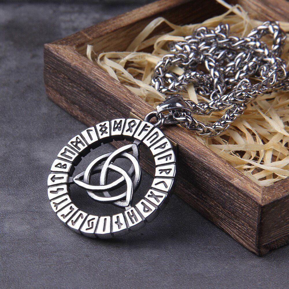 Triquetra Futhark Rune Spirit Wheel Medallion Necklace