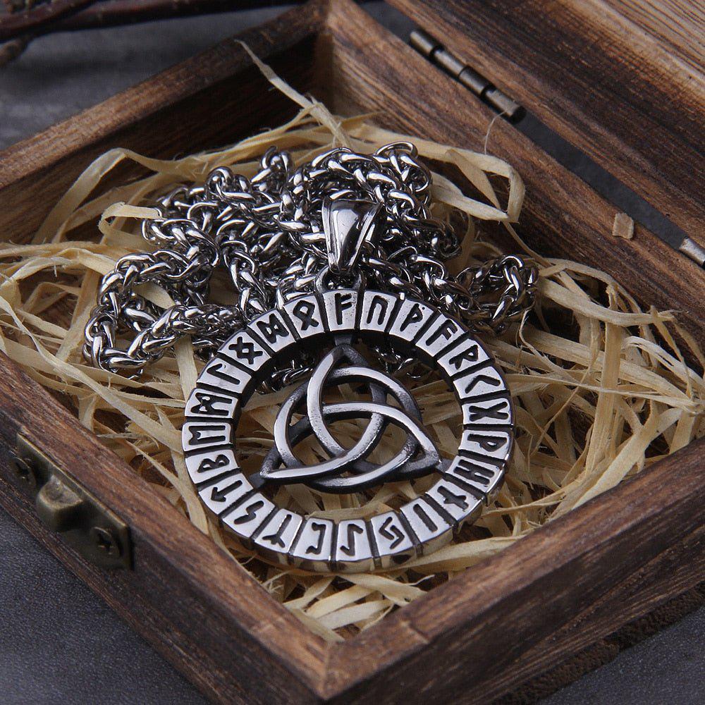 Triquetra Futhark Rune Spirit Wheel Medallion Necklace