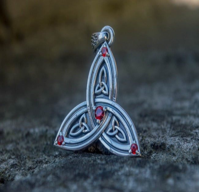 Triquetra Symbol Pendant with Red Cubic Zirconia Sterling Silver Celtic Jewelry-1