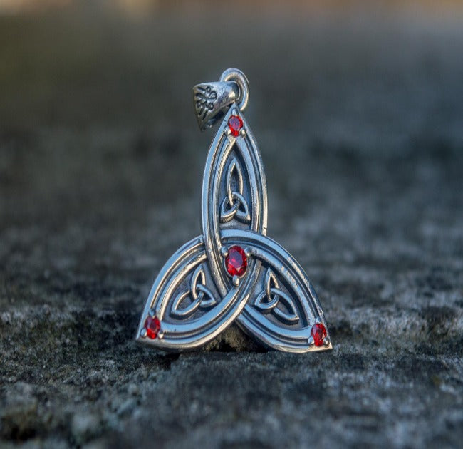 Triquetra Symbol Pendant with Red Cubic Zirconia Sterling Silver Celtic Jewelry-2