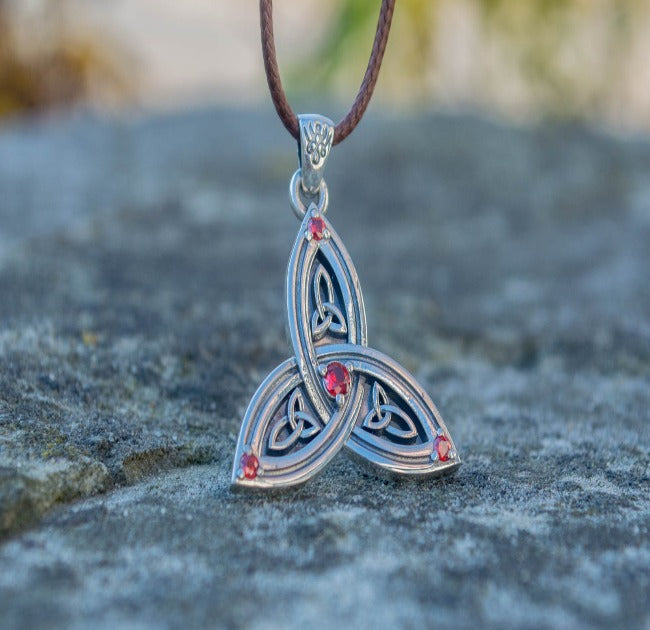 Triquetra Symbol Pendant with Red Cubic Zirconia Sterling Silver Celtic Jewelry-4