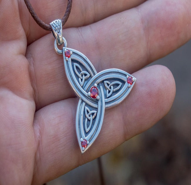 Triquetra Symbol Pendant with Red Cubic Zirconia Sterling Silver Celtic Jewelry-5