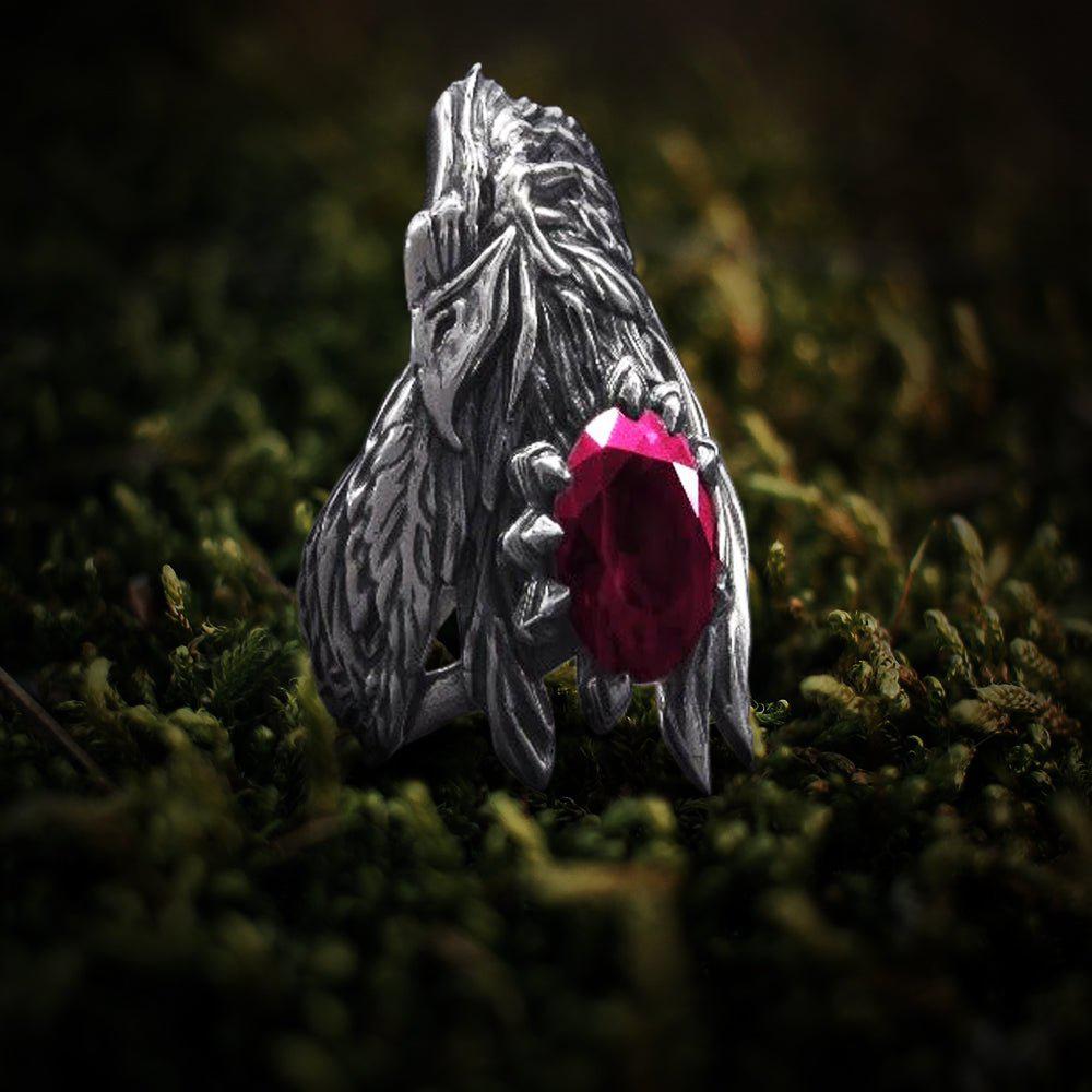 Unique 925 Silver Raven Ring With Gem, Handcrafted Jewelry-1
