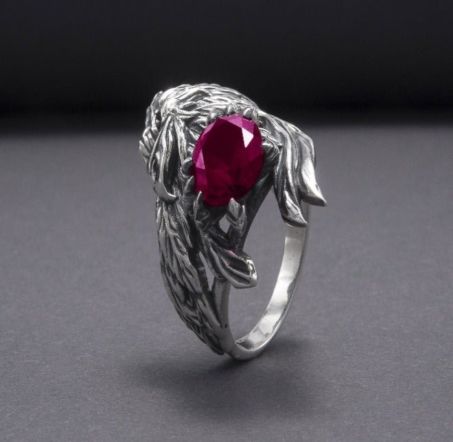 Unique 925 Silver Raven Ring With Gem, Handcrafted Jewelry-2