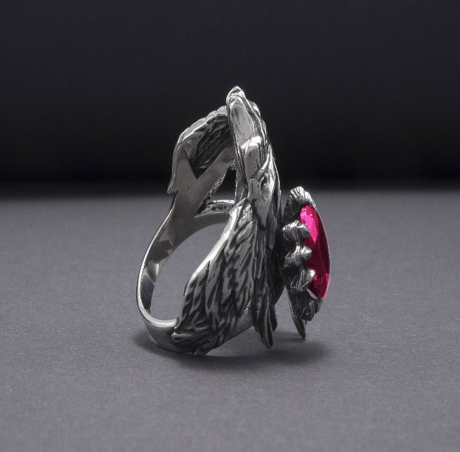 Unique 925 Silver Raven Ring With Gem, Handcrafted Jewelry-3