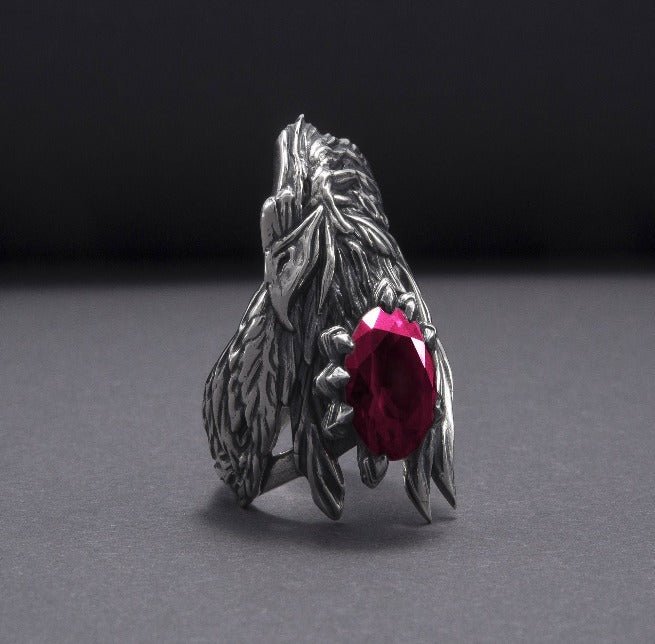 Unique 925 Silver Raven Ring With Gem, Handcrafted Jewelry-4