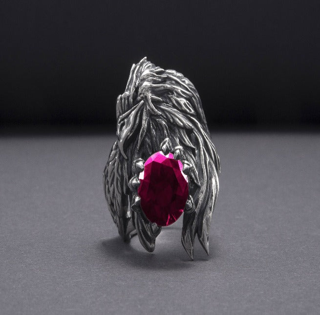 Unique 925 Silver Raven Ring With Gem, Handcrafted Jewelry-6