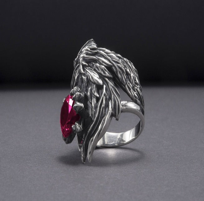 Unique 925 Silver Raven Ring With Gem, Handcrafted Jewelry-7