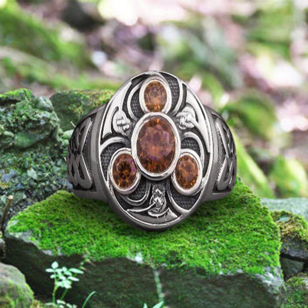 unique ancient norse ring with triquetra and gems handcrafted jewelry with celtic ornament