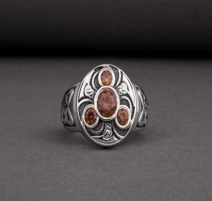 Unique Ancient Norse ring With triquetra and gems, handcrafted jewelry with Celtic ornament-2