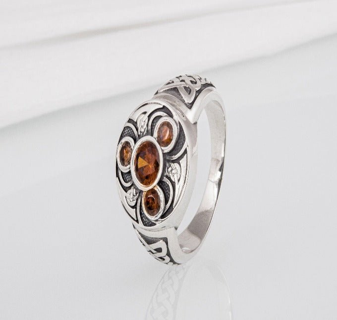 Unique Ancient Norse ring With triquetra and gems, handcrafted jewelry with Celtic ornament-3
