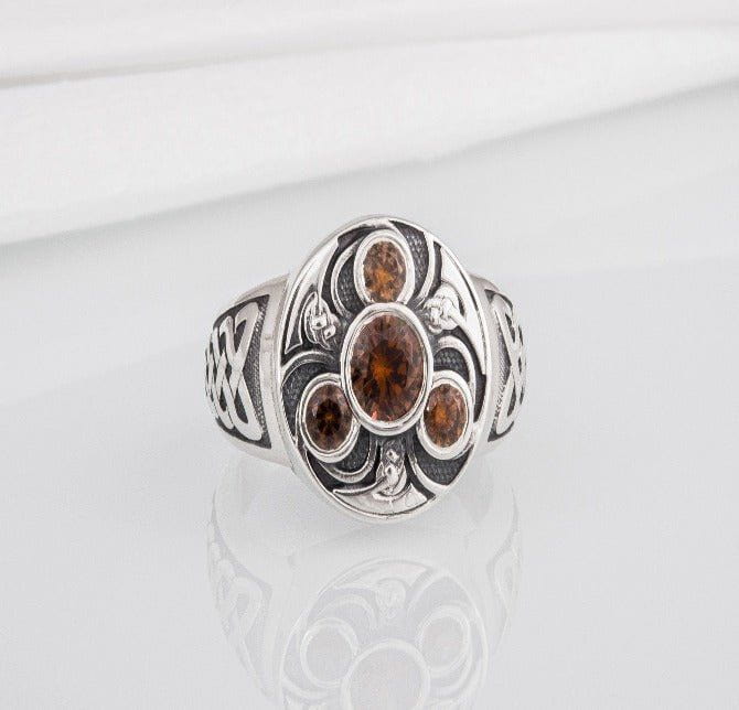 Unique Ancient Norse ring With triquetra and gems, handcrafted jewelry with Celtic ornament-5
