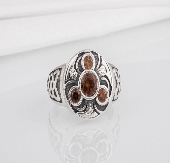 Unique Ancient Norse ring With triquetra and gems, handcrafted jewelry with Celtic ornament-5