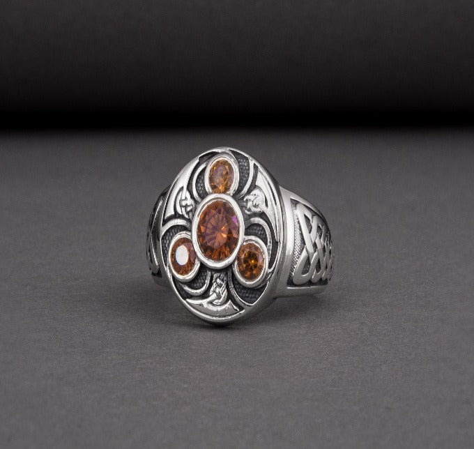 Unique Ancient Norse ring With triquetra and gems, handcrafted jewelry with Celtic ornament-7