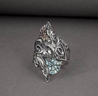 Unique Ancient Viking ring with wolfs Hati and Skoll, handcrafted Norse jewelry-3