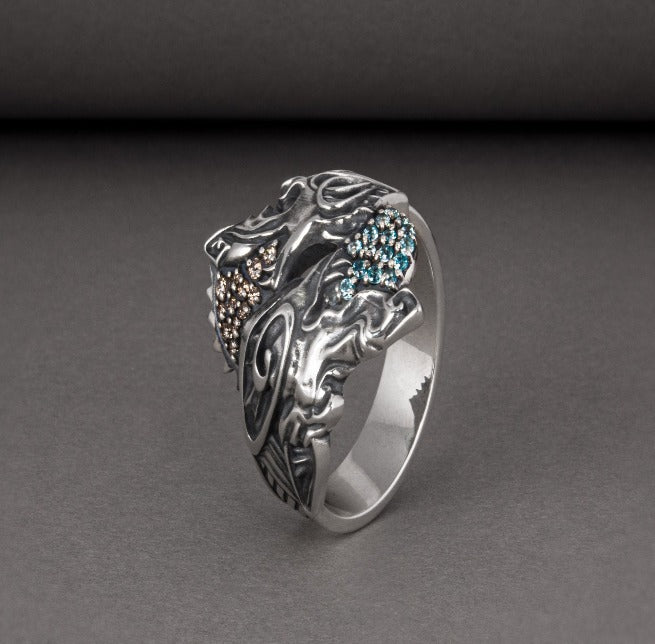 Unique Ancient Viking ring with wolfs Hati and Skoll, handcrafted Norse jewelry-4