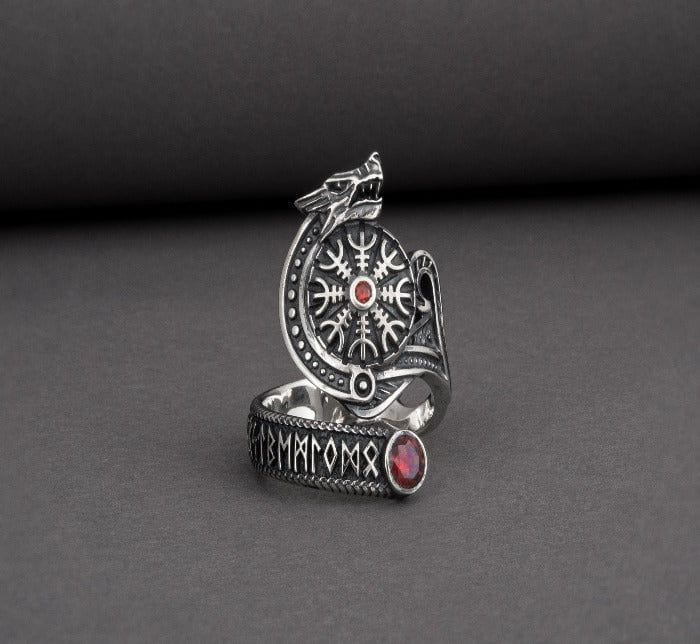 Unique Ancient Viking runic ring with Fenrir and Helm of Awe with gem, 925 silver handcrafted Norse jewelry-1