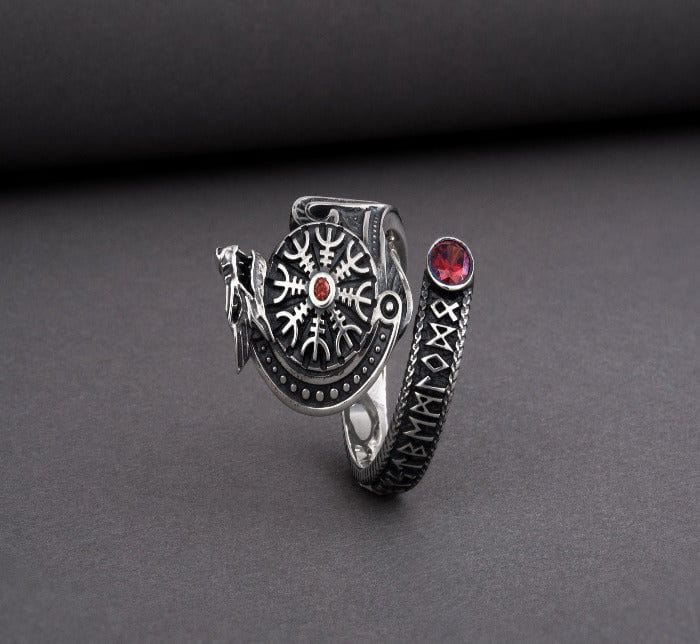 Unique Ancient Viking runic ring with Fenrir and Helm of Awe with gem, 925 silver handcrafted Norse jewelry-2